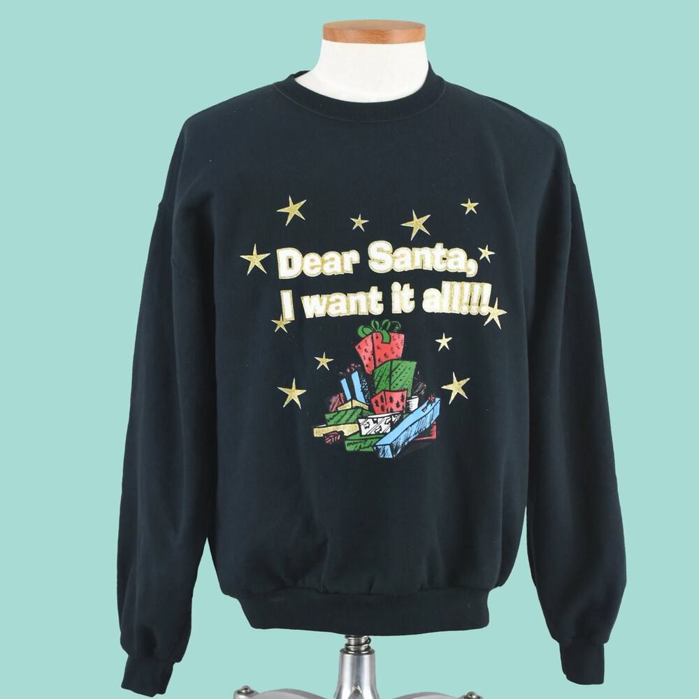Vintage Ugly Christmas Black Sweatshirt, Men's Large